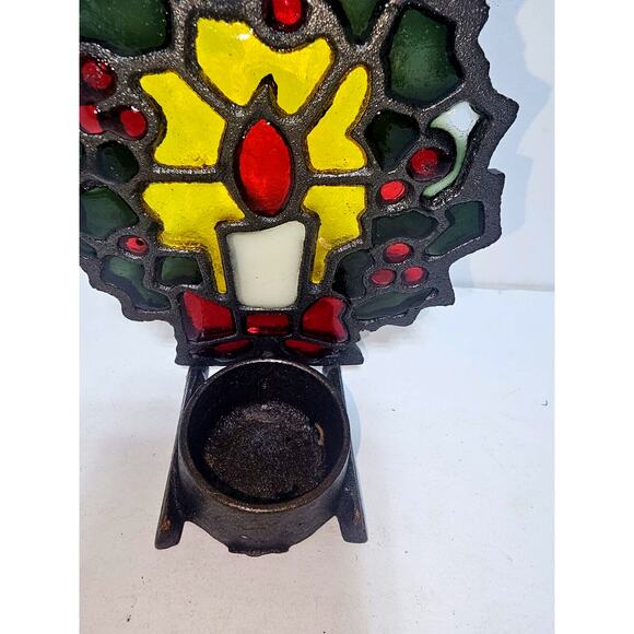 VINTAGE Stained Glass Cast Iron Christmas Wreath Tea Light Votive Candle Holder - Picture 3 of 3